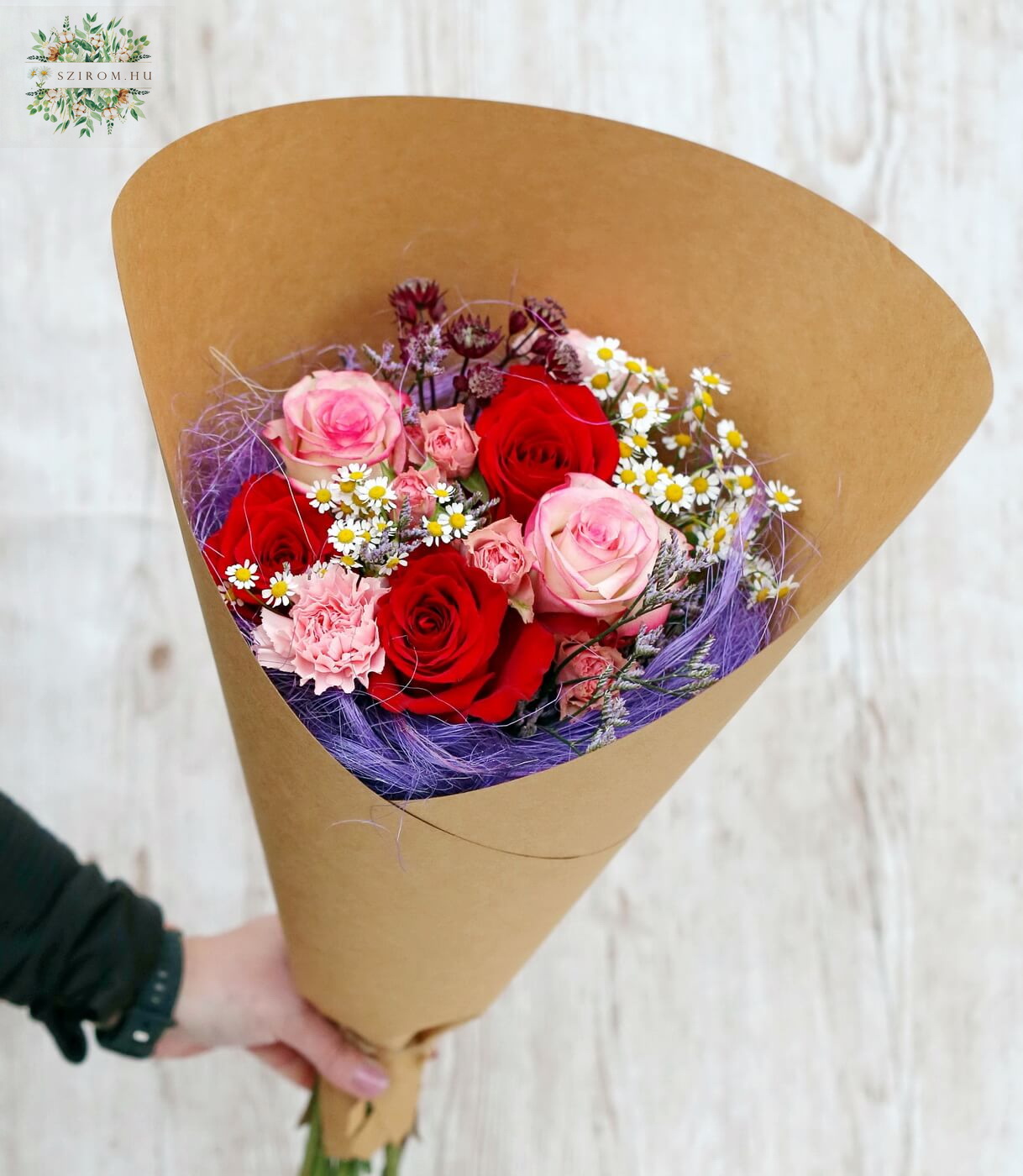 flower delivery Budapest - Roses with camomile, and meadow flowers in paper cone (13 stems)