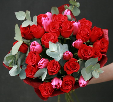 flower delivery Budapest - premium red roses and tulips with eucalypt  (30 stems)